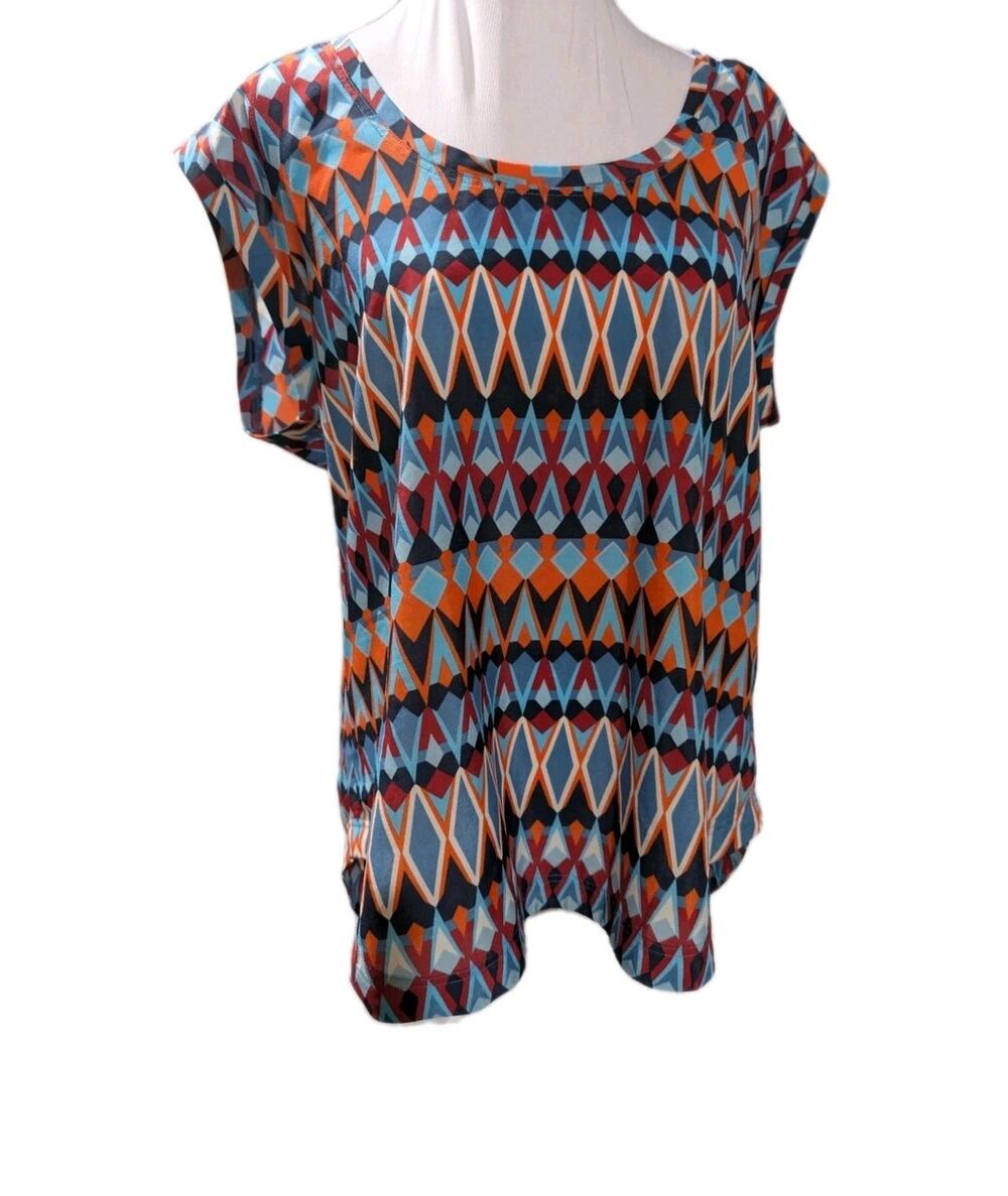 J.Crew Women's Size 12 Medium Geometric Print Blue Orange Red Blouse Top Shirt